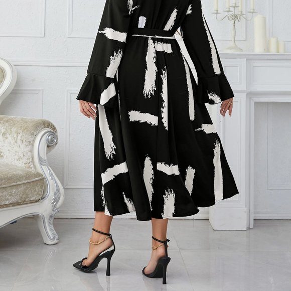 Melo Apparel Plus Size Printed Tie Belt Flare Sleeve Round Neck Midi Dress - Picture 7 of 7